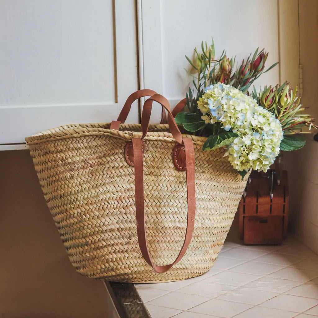 FRENCH BASKET with double flat leather handles, straw bag, beach bag,  basket bag, shopping basket, wicker basket with handle, straw market basket