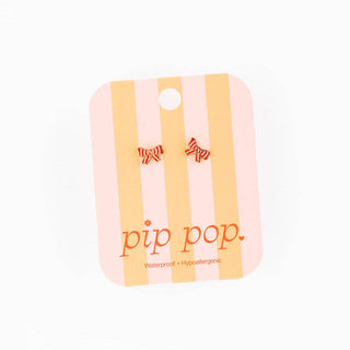 Striped Bow Stud Earrings - Hypoallergenic, Flat Back