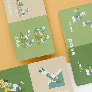 Educational cards with illustrations of football actions on a beige and green background