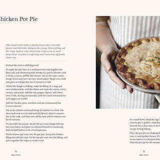 Book page with a recipe for homemade chicken pot pie and an image of a person holding a pie.