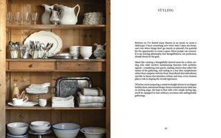 Wooden shelf with kitchenware and a text page titled 'Styling'.