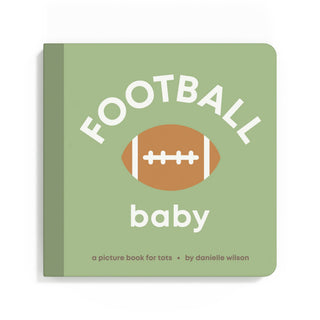 Book titled 'Football Baby' with a football illustration on a green background