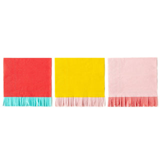 A set of three folded paper napkins in red, yellow, and pink colors with fringe detailing on the edges.