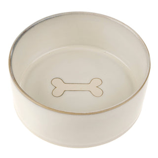 White ceramic dog bowl with a bone emblem on a white background