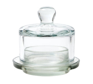 Clear glass container with a lid on a white background