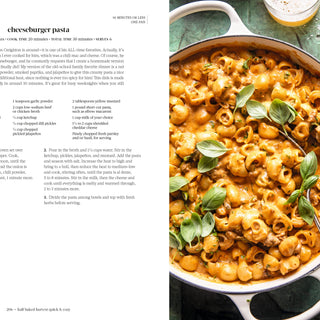 Cheeseburger pasta dish with a recipe on the left side