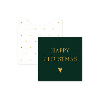 Green card with 'Happy Christmas' text and gold heart on a white background