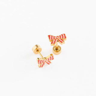 Striped Bow Stud Earrings - Hypoallergenic, Flat Back