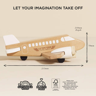 Wooden airplane toy with dimensions and sustainability certifications on a beige background