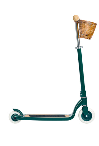 Green scooter with a wicker basket on a white background