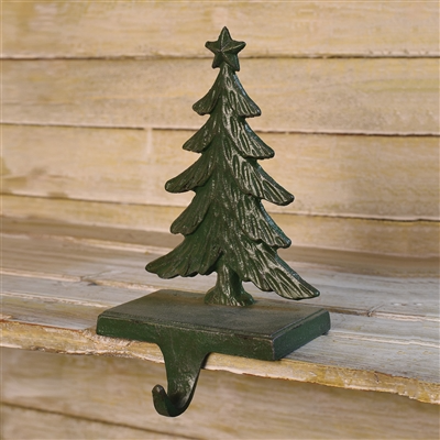 Christmas Tree Cast Iron Stocking Holder, Antique Green