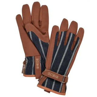 Pair of brown gloves with striped pattern on a white background
