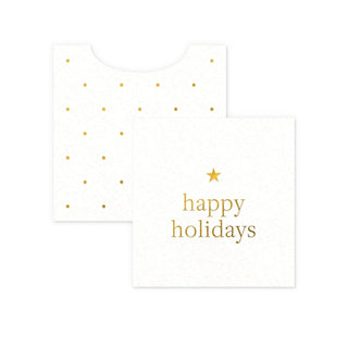 White card with gold polka dots and 'happy holidays' text on a white background