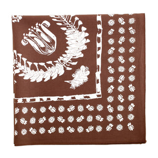 Brown bandana with white floral and leaf patterns on a white background