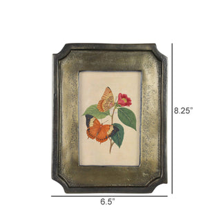 Framed artwork with butterflies and a flower, showing dimensions on a white background