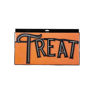Halloween-themed sign with the word 'TREAT' on an orange background