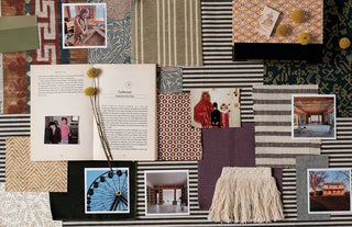 Collage of patterns, textures, and images on a decorative board.