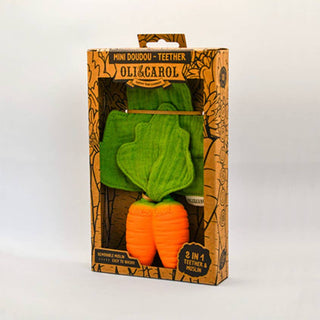 Oli & Carol carrot-shaped teether in packaging on a white background