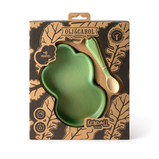 Green children's dinnerware set with packaging featuring 'Oli & Carol' brand.