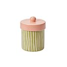Pastel-colored canister with a pink top on a white background