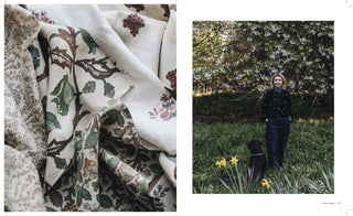 Left: Close-up of floral fabric, Right: Person with a dog in a park with trees and flowers.
