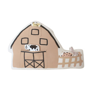 Barn-shaped cushion with farm animal illustrations on a white background