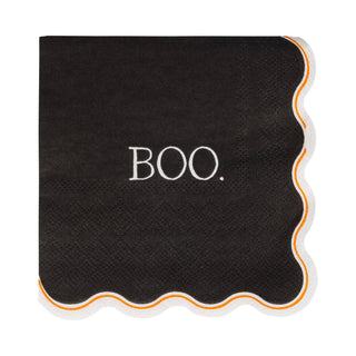 Black napkin with 'BOO.' text on a white background