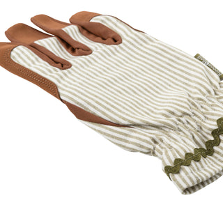 Pair of gardening gloves with brown accents on a white background