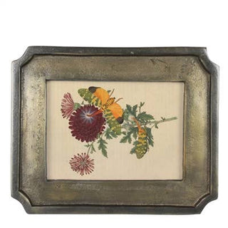 A framed vintage-style botanical art print featuring chrysanthemums and butterflies, set in a distressed, rustic dark gray metal frame against a plain white background.
