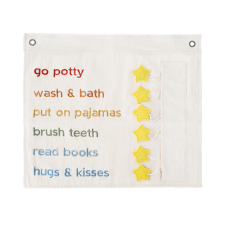 Children's routine chart with stars and text on a white background