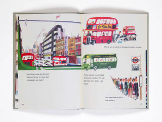 Illustrated book page showing London-themed graphics with buses and people.