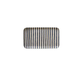 Rectangular striped tray with blue and white stripes on a white background