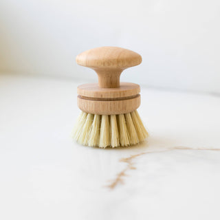Wooden dish brush with bristle head on a white surface