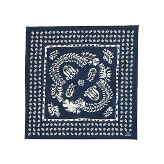 Navy blue bandana with white floral and leaf pattern on a white background