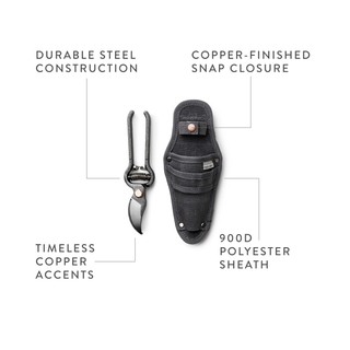 Knife with sheath on a white background with text highlighting features