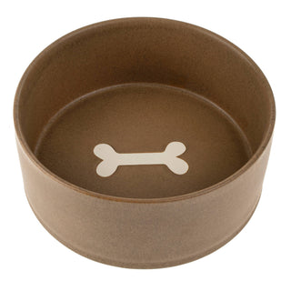Brown pet bowl with a white bone design on a white background