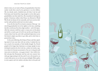 Book page with text and illustrations of a dinner party scene on a light blue background