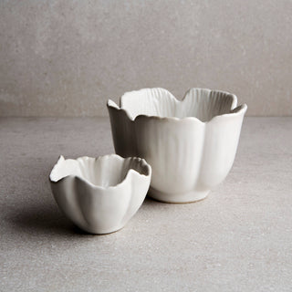 Two white ceramic bowls on a gray surface with a neutral background