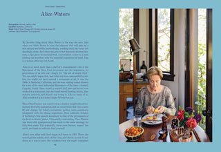 Book page with text and a photograph of Alice Waters in a kitchen.