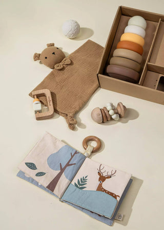 Collection of wooden toys including a teething ring, book, and stacking rings on a light surface.