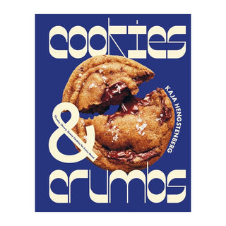 Book cover of 'Cookies & Crumbs' with a chocolate chip cookie on a blue background