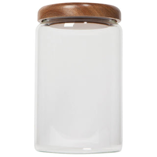 Clear glass jar with a wooden lid on a white background
