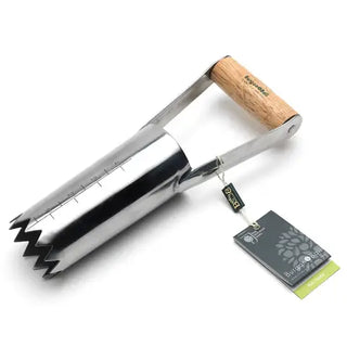 Gardening tool with wooden handle and metal teeth on a white background