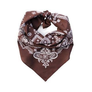 Brown bandana with white patterns on a white background