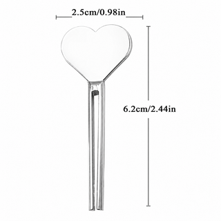 A clear heart-shaped glass pick with a long stem, shown with dimension lines and text indicating a height of 6.2cm/2.