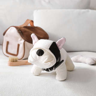 Plush toy bulldog with a brown bag and dog brush on a light surface