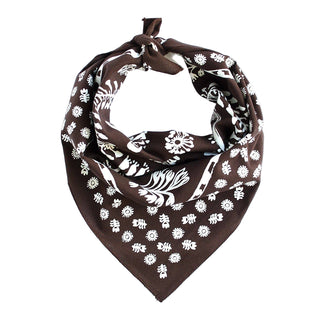 Brown bandana with white floral pattern on a white background