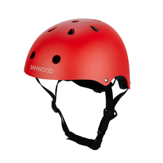 Red helmet with black straps on a white background, featuring the brand 'Banwood'.