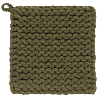 Green knitted pot holder on a white background