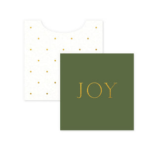 Green card with 'JOY' text and white envelope with gold dots on a white background